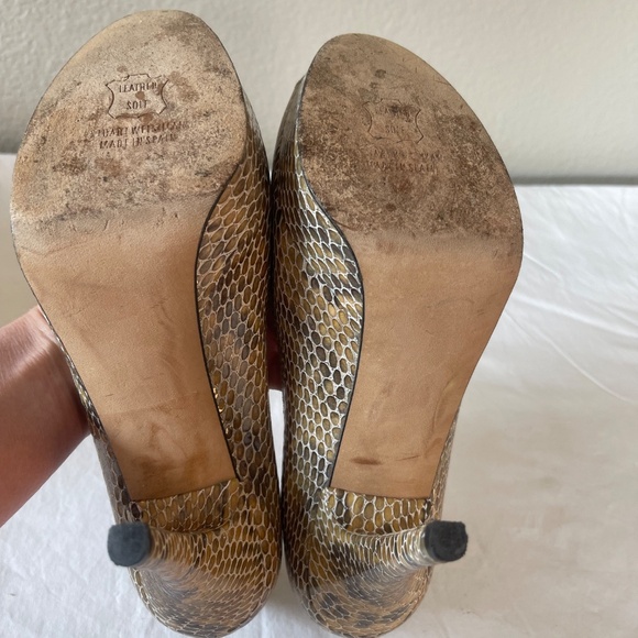 Stuart Weitzman JUST SO Beige Snakeskin Peep Toe Platform Stiletto Pumps Sz 8 M - Picture 15 of 16